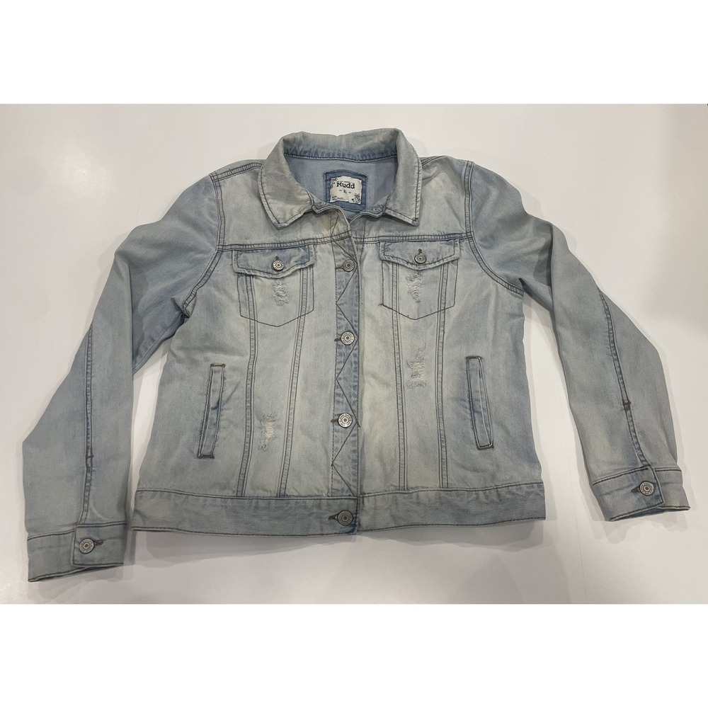 Distressed Mudd Faded Light Blue Denim Jacket - Size XL